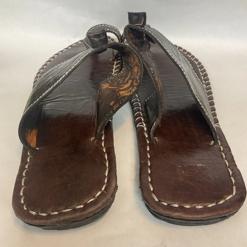 Men's Brown Leather Flip Flop Sandals size 10-10,5 Handmade Vibram Artisan Style